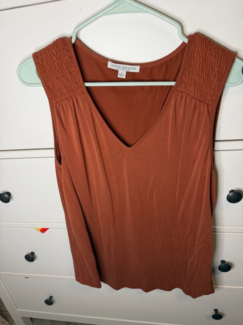 Green Envelope Rust Smocked-Shoulder V-Neck Tank